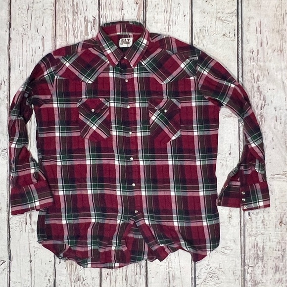 Western Pearl Snap Ely Cattleman Flannel Plaid Cowboy Rancher Vintage Shirt - Picture 1 of 6